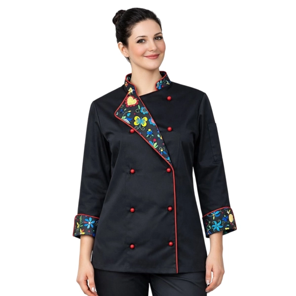 Bluza kucharska damska czarna rekaw długi lamówka wzór W4 roz. XXL – bluza kucharska – odzież gastronomiczna dla kucharz